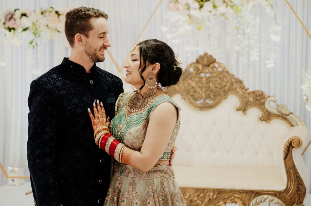 wedding couple embracing