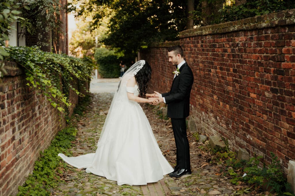 wedding couple embracing