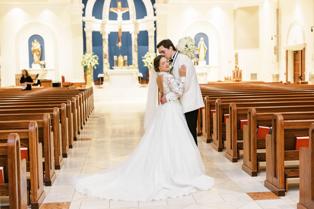 wedding couple embracing