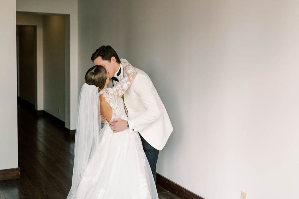wedding couple embracing