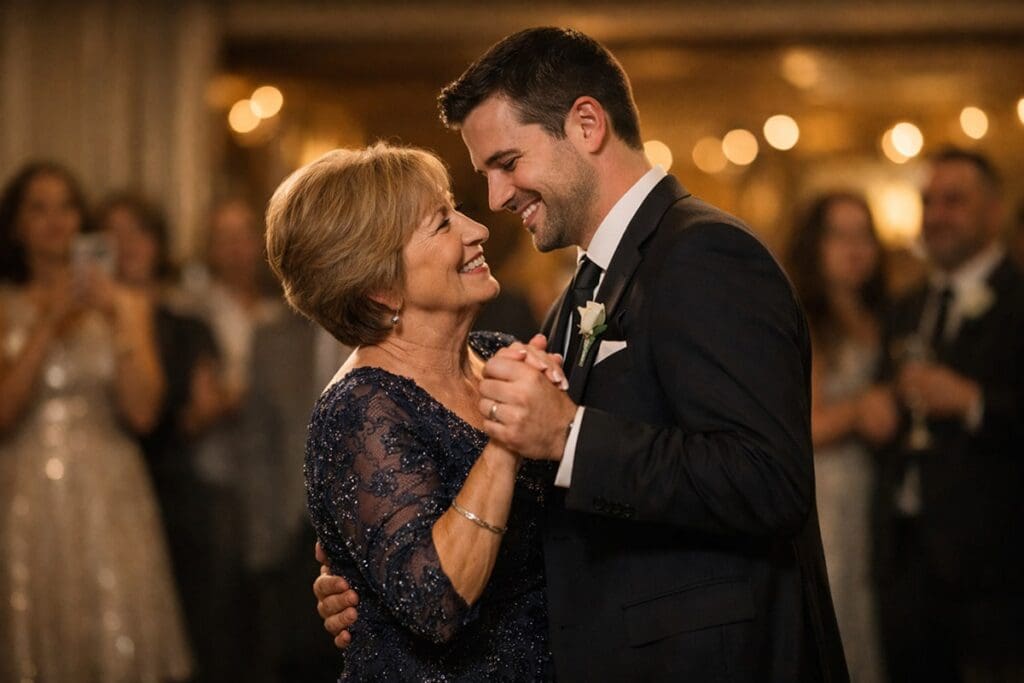 Groom dancing with his mother during a wedding reception, sharing a warm, emotional moment on the dance floor as guests watch softly in the background.