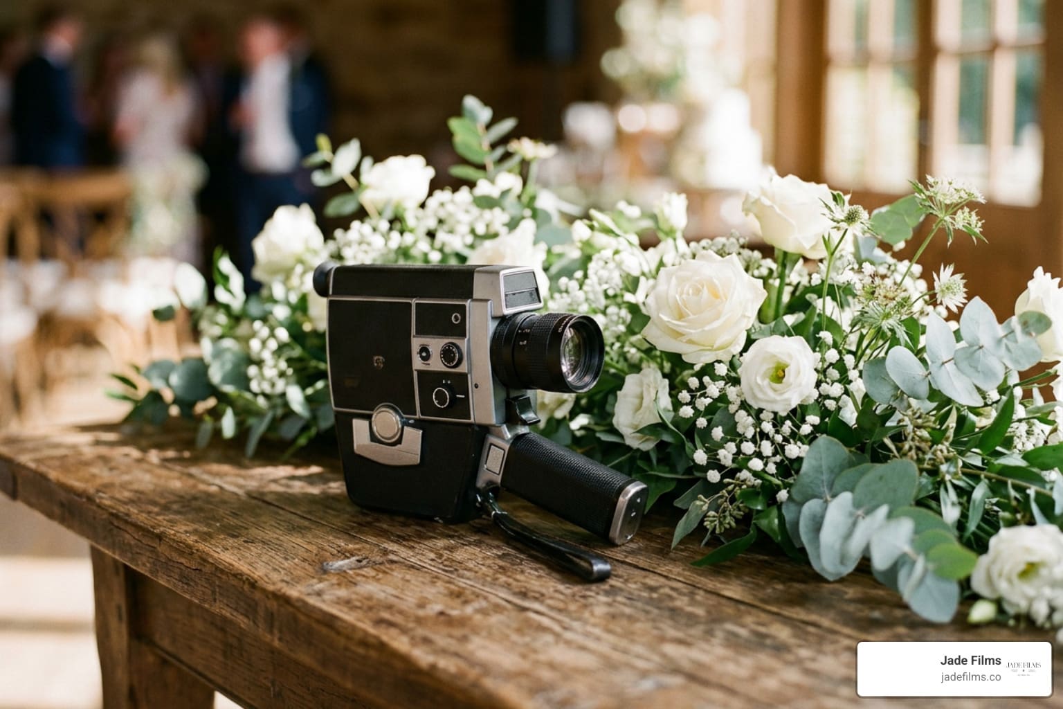 Vintage Super 8 film camera resting on a wooden reception table beside white roses and eucalyptus