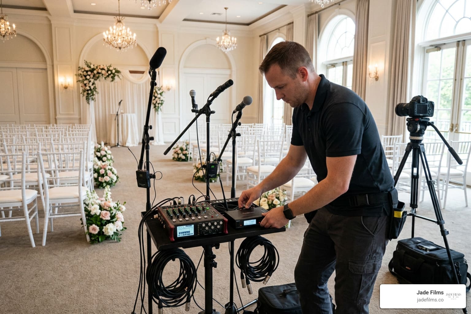 Jade Films videographer setting up audio recorders and microphones before a wedding ceremony in a DFW ballroom