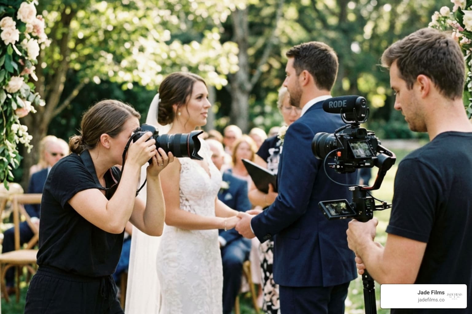 Wedding photographer and videographer filming a bride and groom side by side during an outdoor ceremony